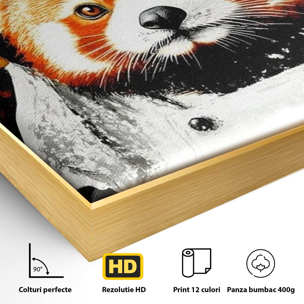 Detaliu al suprafetei: tablou canvas cu panda rosu bucatar, in rama de aluminiu auriu